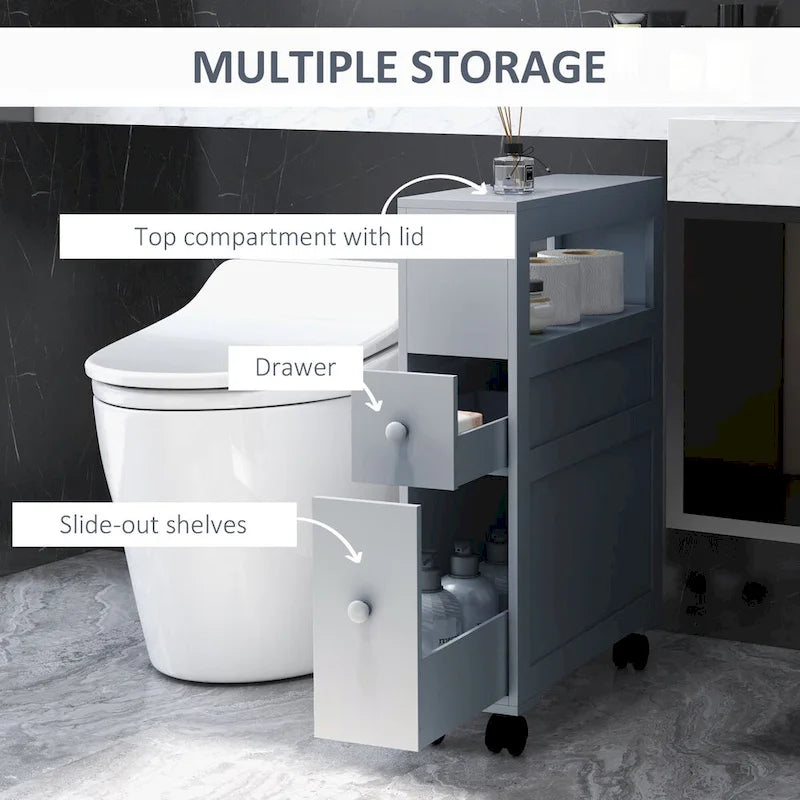 HOMCOM Gray Bathroom Floor Organizer Free Standing Space Saving Narrow Storage Cabinet Bath Toilet Paper Holder with Drawers