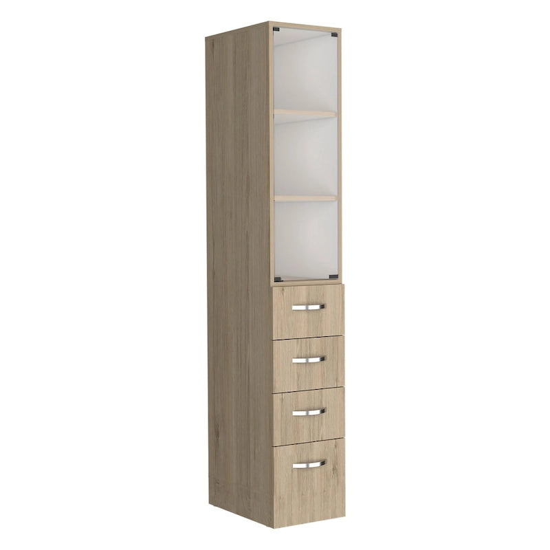 Modern Linen Cabinet for Bathroom, Three Shelves,Four Drawers -Light Pine/White