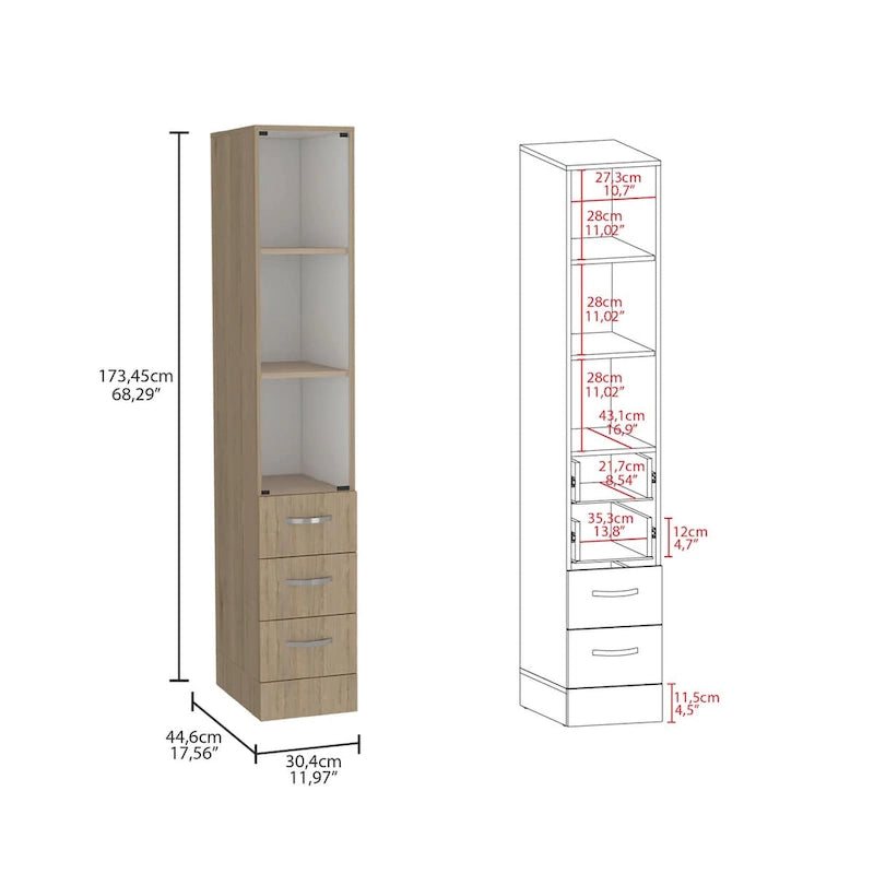 Modern Linen Cabinet for Bathroom, Three Shelves,Four Drawers -Light Pine/White