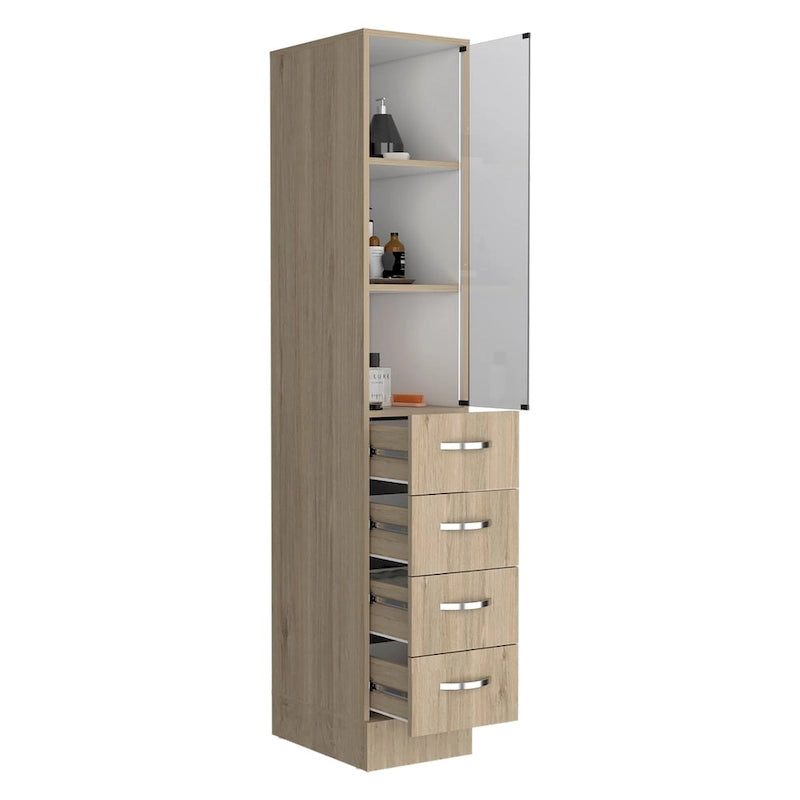 Modern Linen Cabinet for Bathroom, Three Shelves,Four Drawers -Light Pine/White