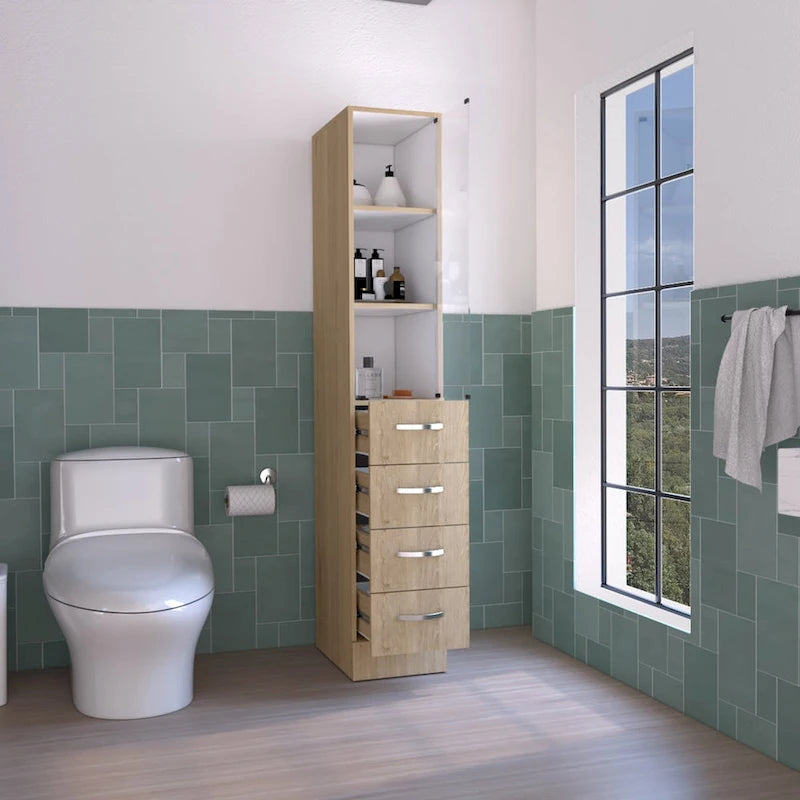 Modern Linen Cabinet for Bathroom, Three Shelves,Four Drawers -Light Pine/White