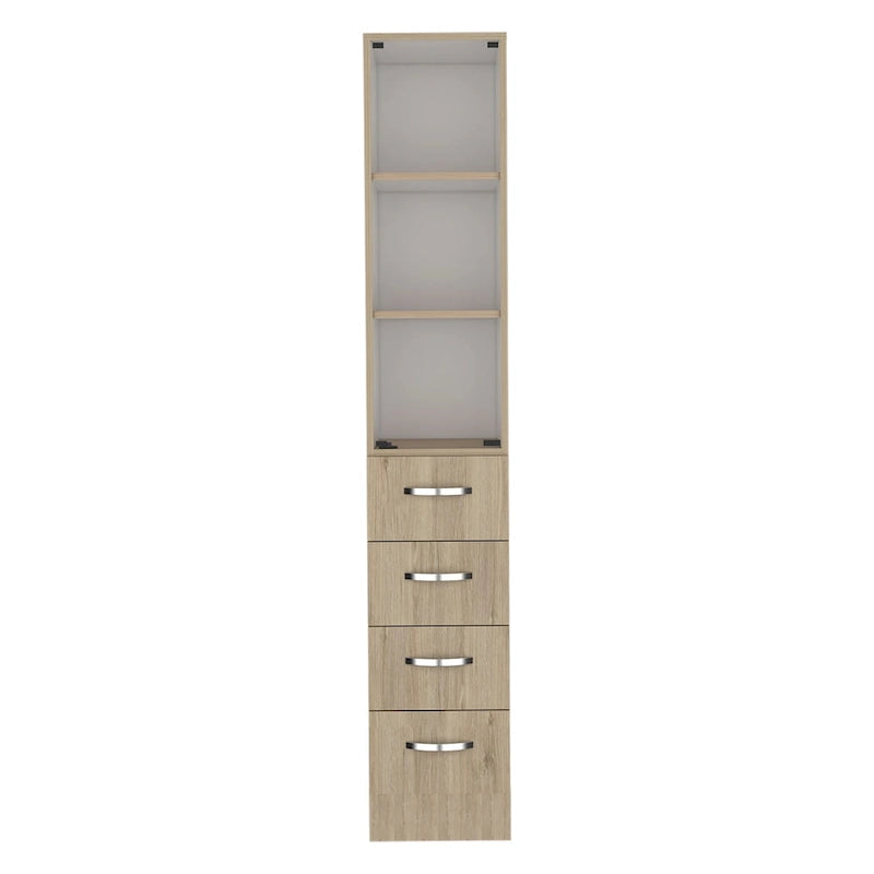 Modern Linen Cabinet for Bathroom, Three Shelves,Four Drawers -Light Pine/White