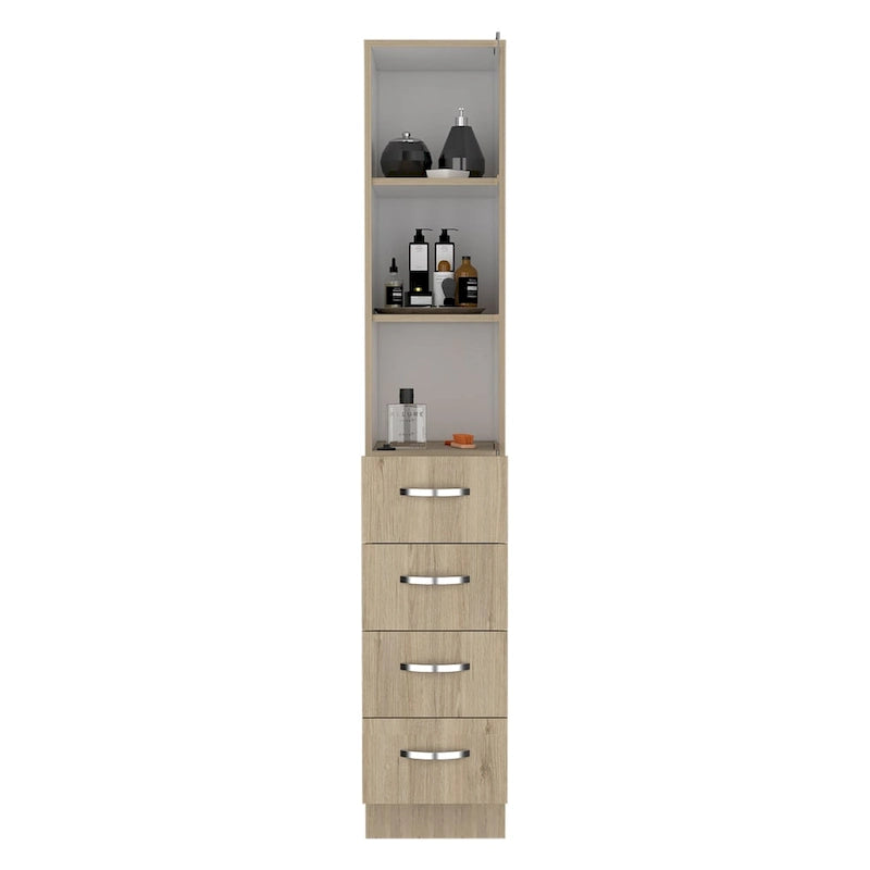 Modern Linen Cabinet for Bathroom, Three Shelves,Four Drawers -Light Pine/White