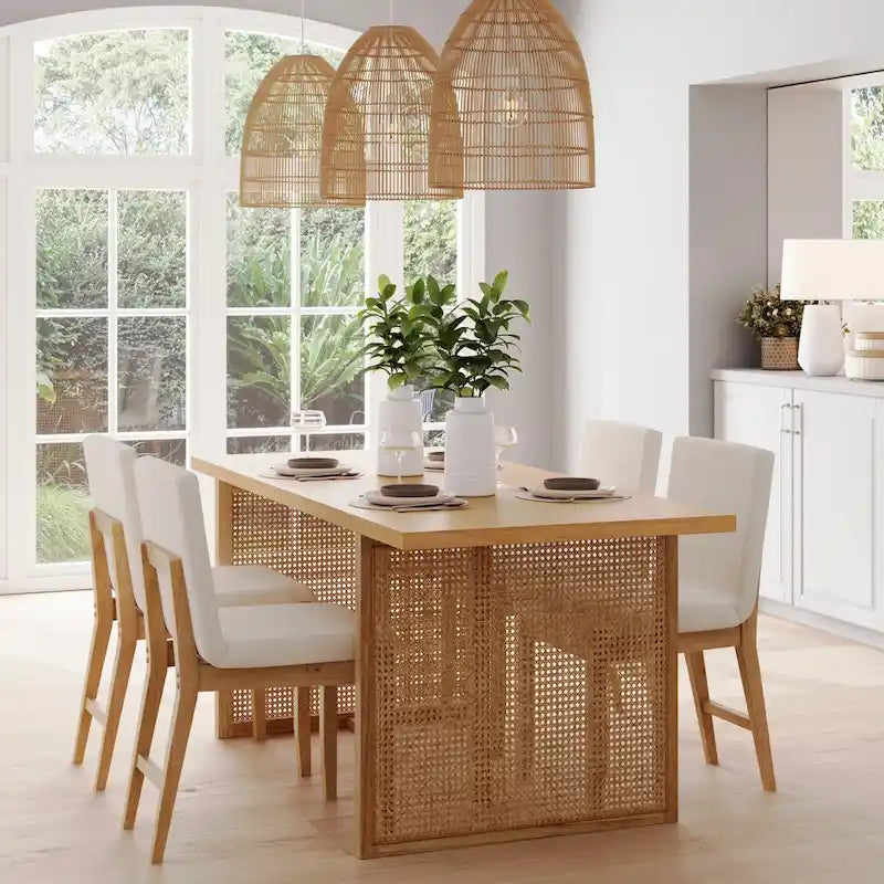 Willow Boho Dining Table for 6 with Solid Wood Legs, Dining Table with Bohemian Rattan Accent