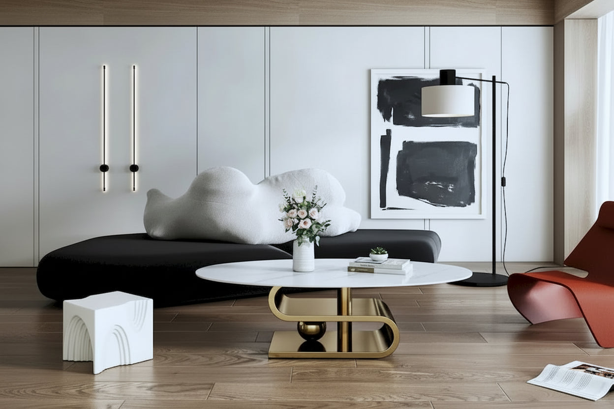 Exquisite Modern Oval Coffee table with white 51L Stone Top and Gold Metal Base